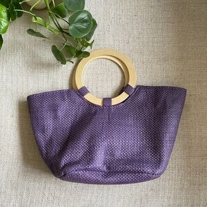 Vintage Purple Sculpted Purple Straw Bag with Wooden Handles